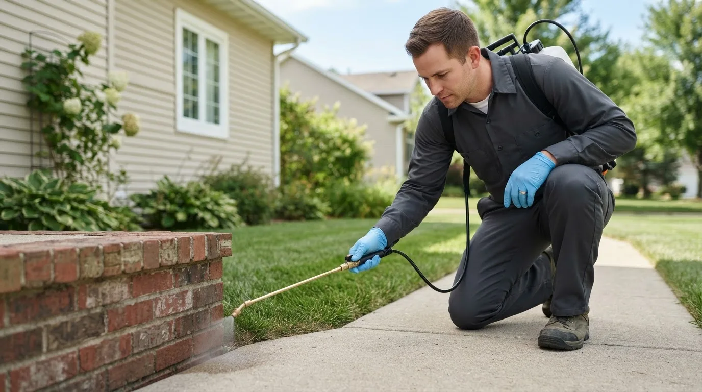 Pest control technician treating a home near Slater, IA