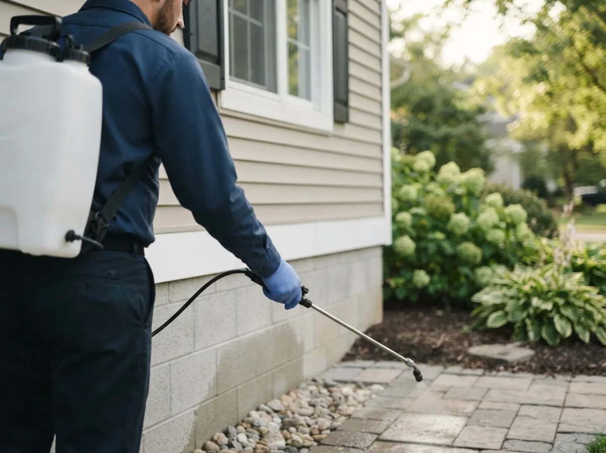 Pest control technician inspecting a home in Slater, IA